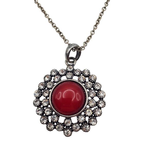 Red Acrylic & Crystal Pendant Necklace Rhinestone Silver Tone Chain 19" Vintage - Picture 1 of 7